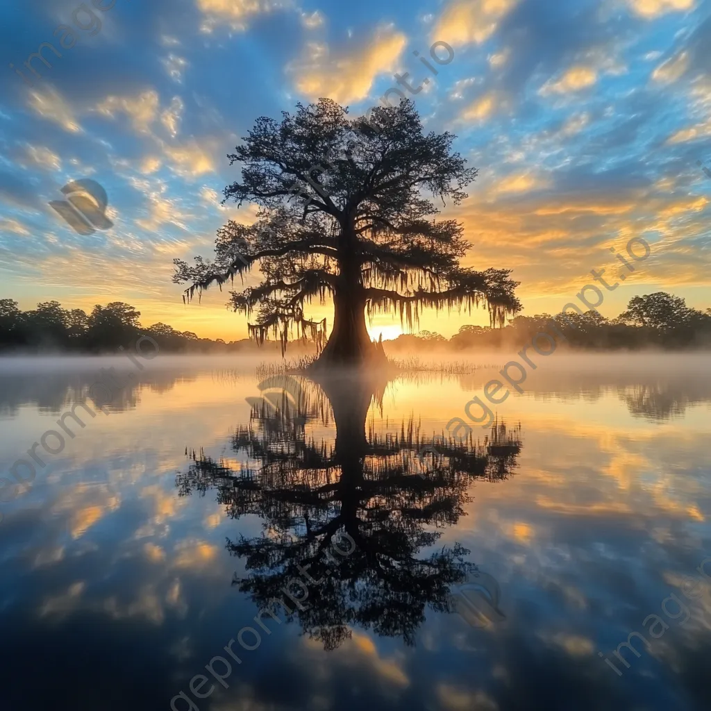 Cypress tree reflection in calm dawn waters - Image 4