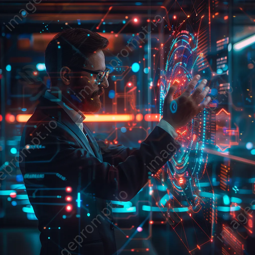 Business professional using smart glasses with holograms in office - Image 1