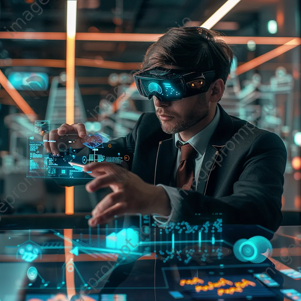 Business professional using smart glasses with holograms in office - Image 4