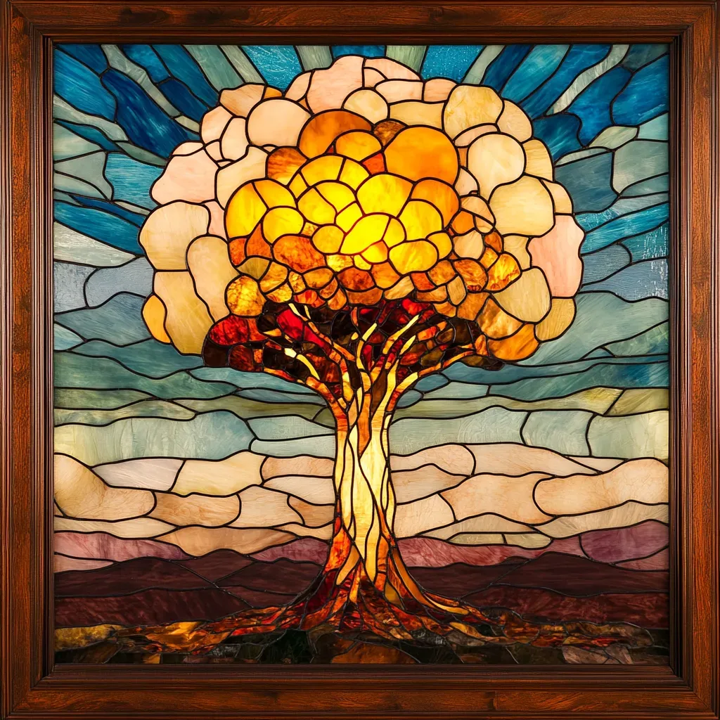 Stained glass style artwork of atomic mushroom cloud transforming into a tree - Image 2