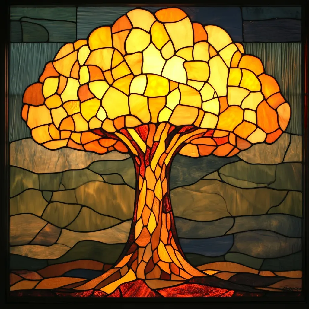 Stained glass style artwork of atomic mushroom cloud transforming into a tree - Image 3