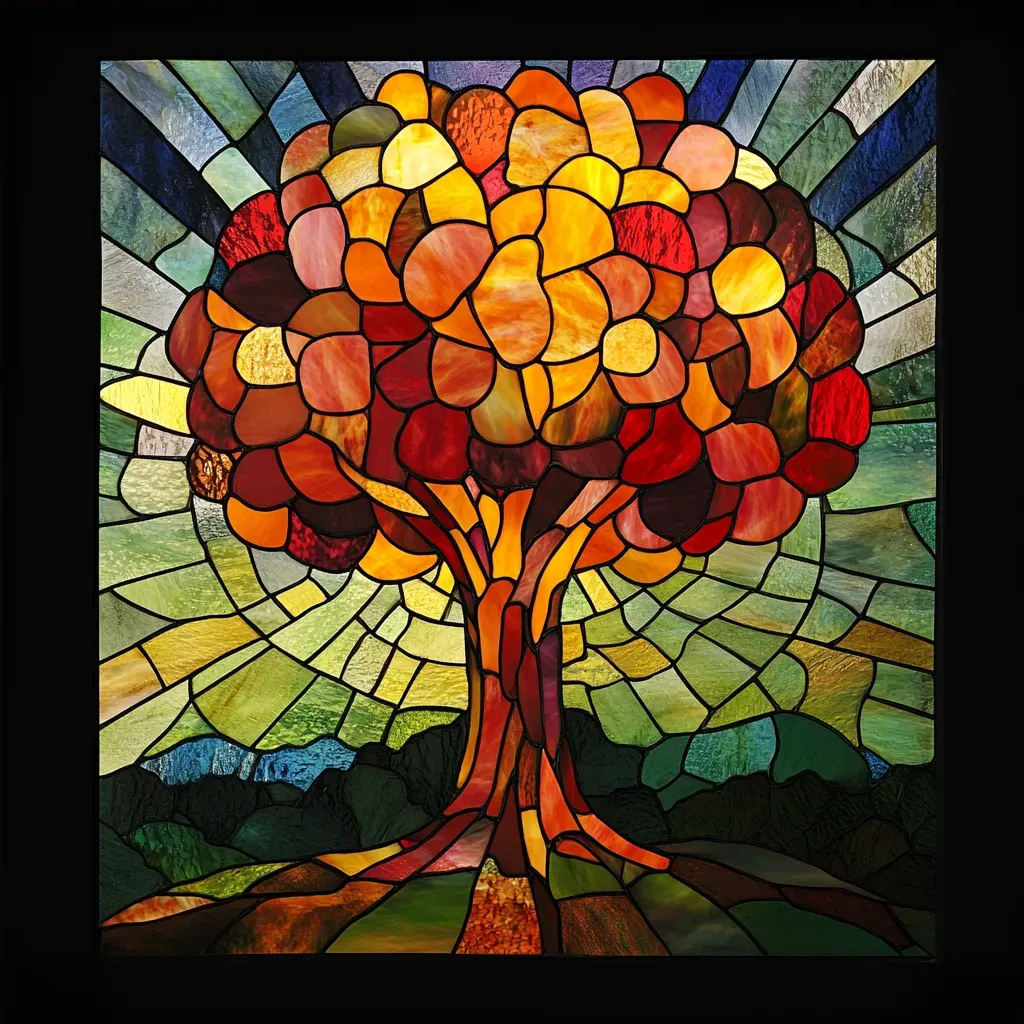 Stained glass style artwork of atomic mushroom cloud transforming into a tree - Image 4