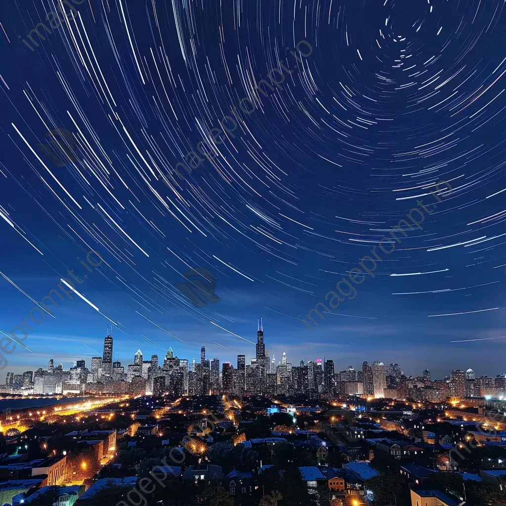 Star trails streaking across the sky above a vibrant city skyline - Image 1