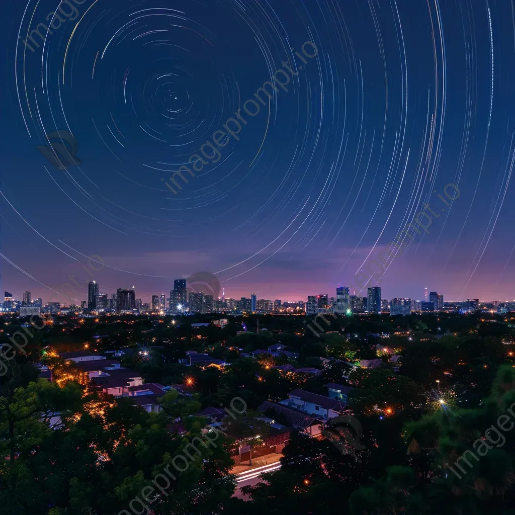 Star trails streaking across the sky above a vibrant city skyline - Image 2