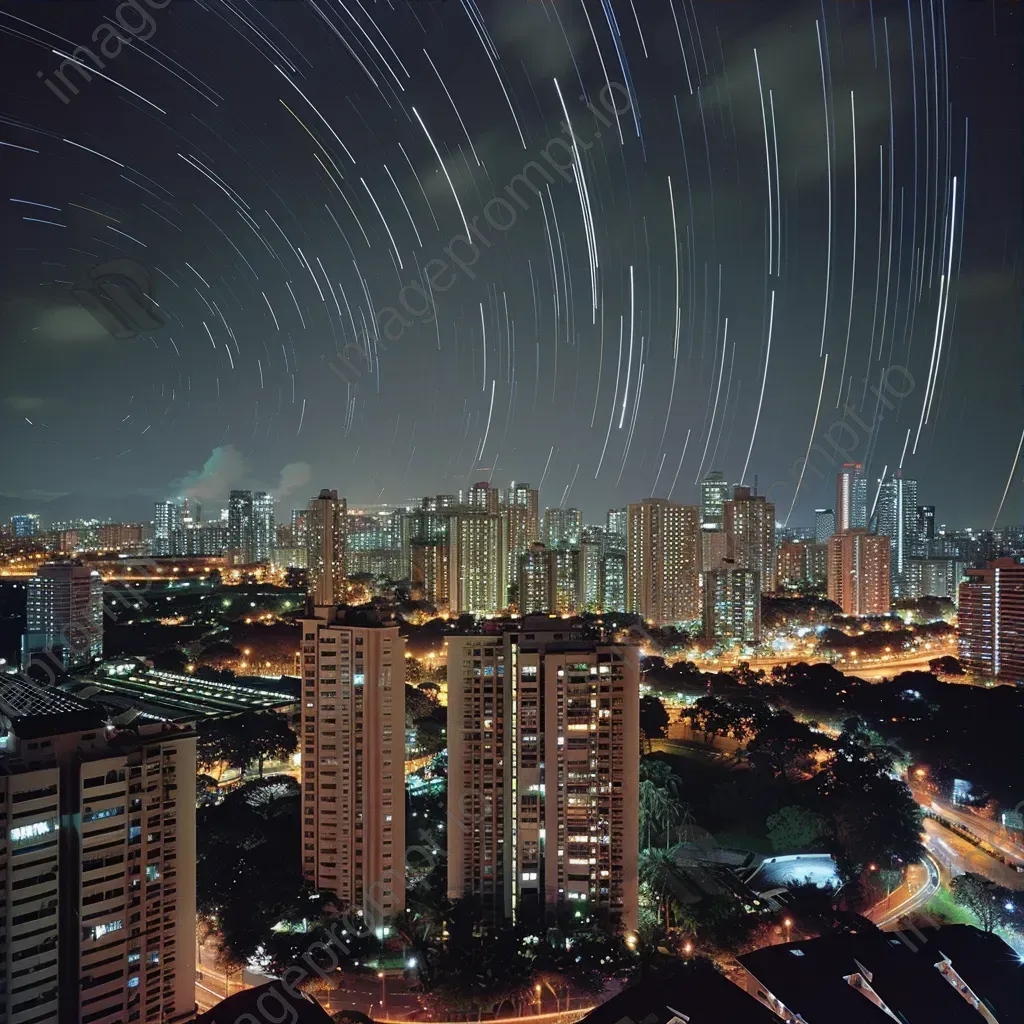 Star trails streaking across the sky above a vibrant city skyline - Image 3