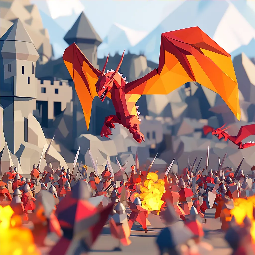 Low poly isometric view of an epic medieval battle with knights and dragons - Image 4