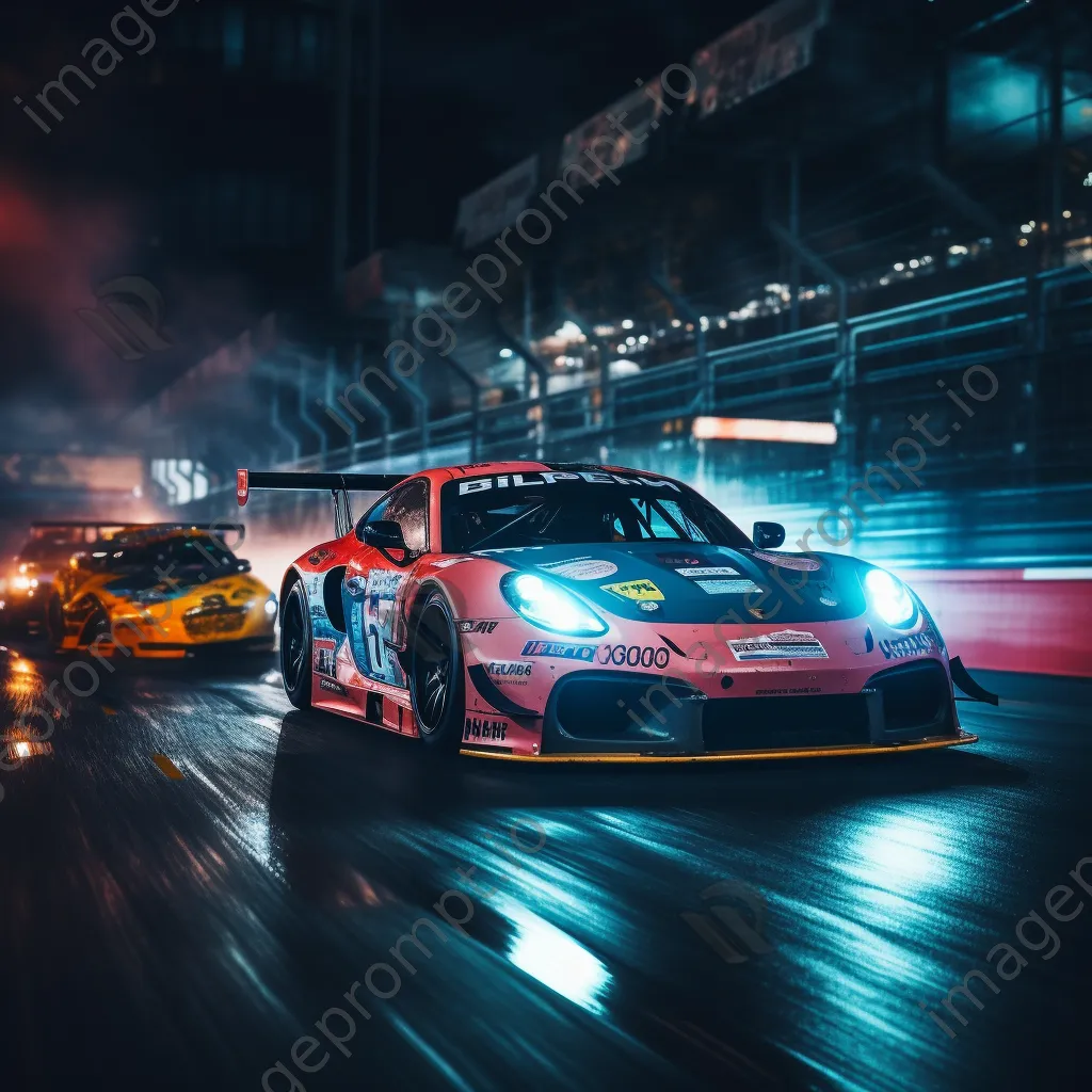 Cars racing at night illuminated by colorful track lights - Image 2