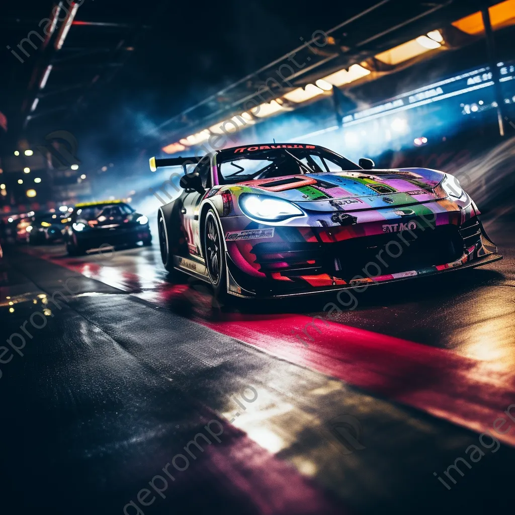 Cars racing at night illuminated by colorful track lights - Image 3