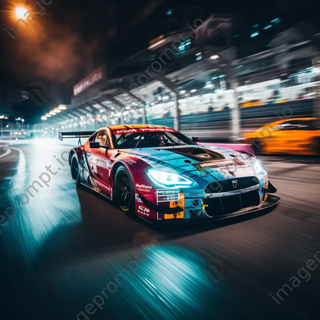 Cars racing at night illuminated by colorful track lights - Image 4