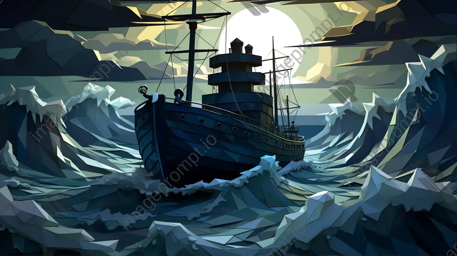 Low poly cargo ship on a stormy sea, reflects gothic seafaring aesthetics - Image 1