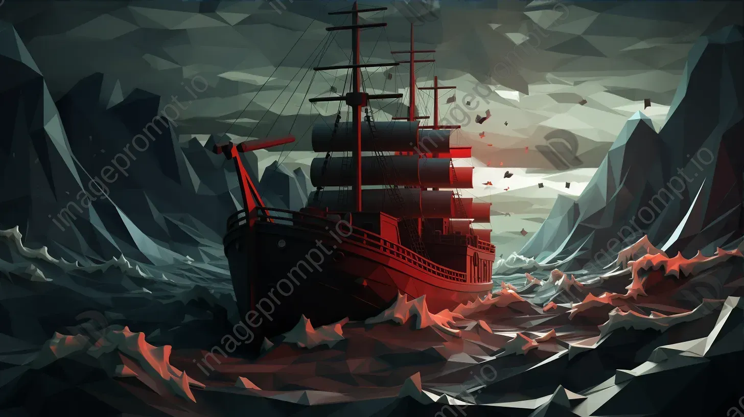 Low poly cargo ship on a stormy sea, reflects gothic seafaring aesthetics - Image 3