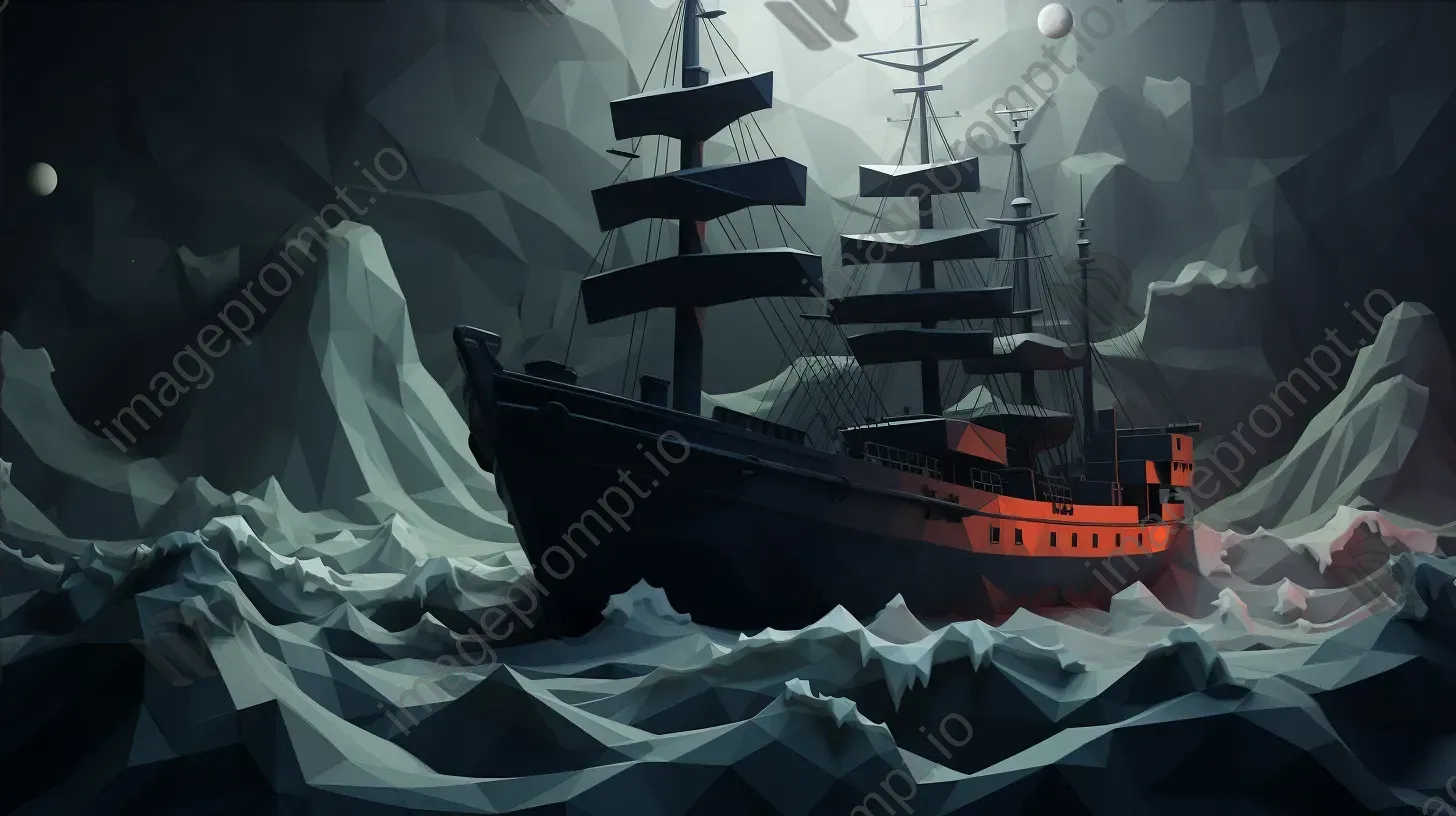 Low poly cargo ship on a stormy sea, reflects gothic seafaring aesthetics - Image 4