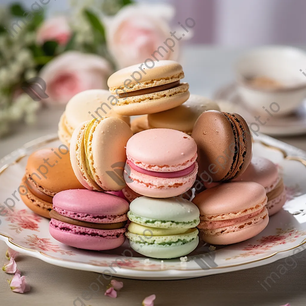 Delicate French macarons in assorted flavors on a porcelain plate - Image 1