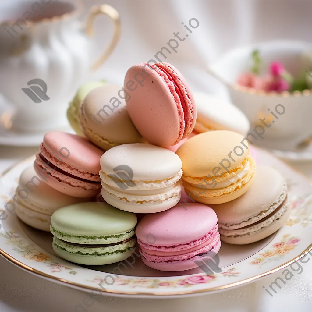 Delicate French macarons in assorted flavors on a porcelain plate - Image 2