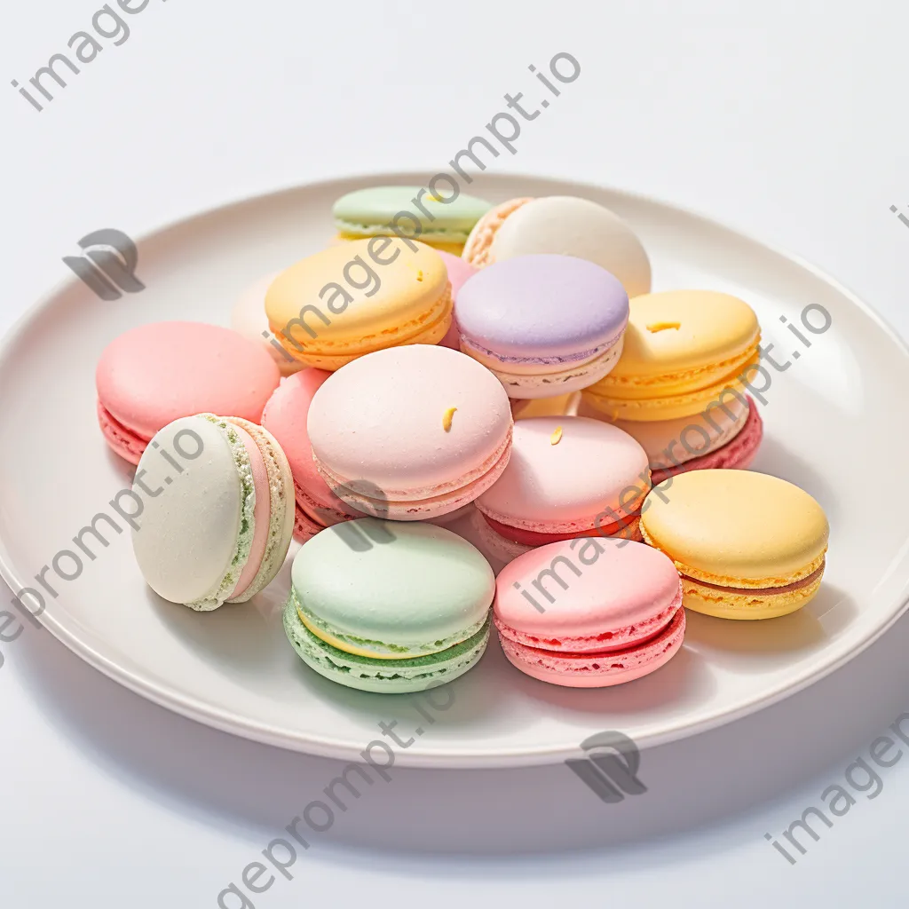 Delicate French macarons in assorted flavors on a porcelain plate - Image 3