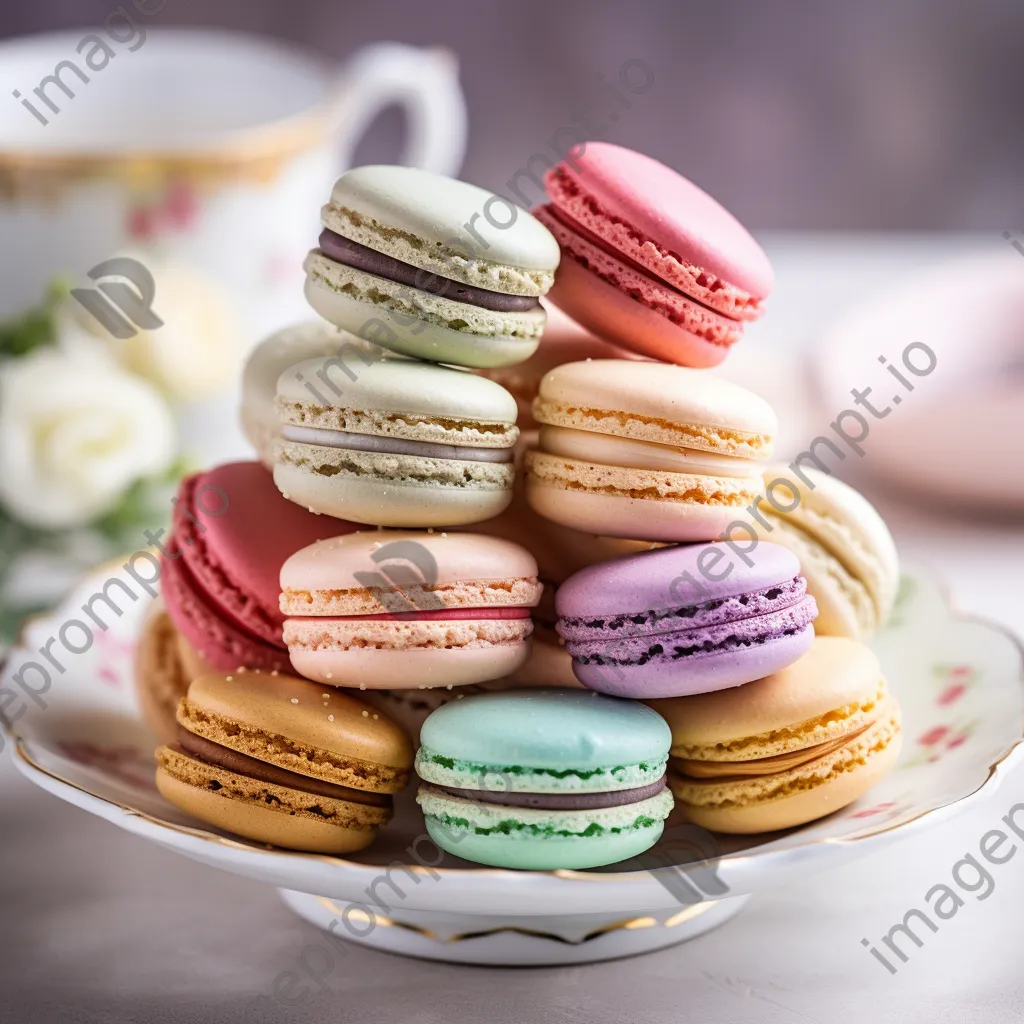 Delicate French macarons in assorted flavors on a porcelain plate - Image 4