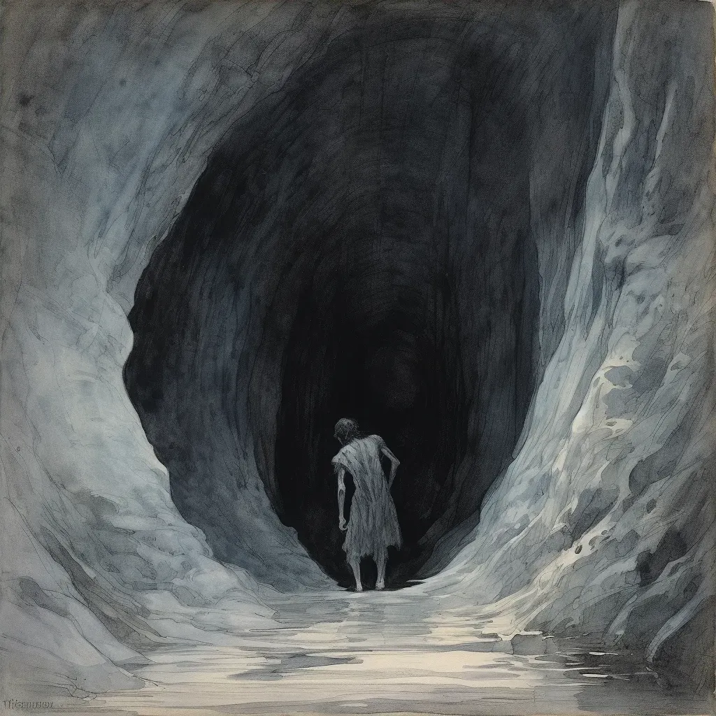 Figure at cave entrance, dark cave against bright exterior - Image 4