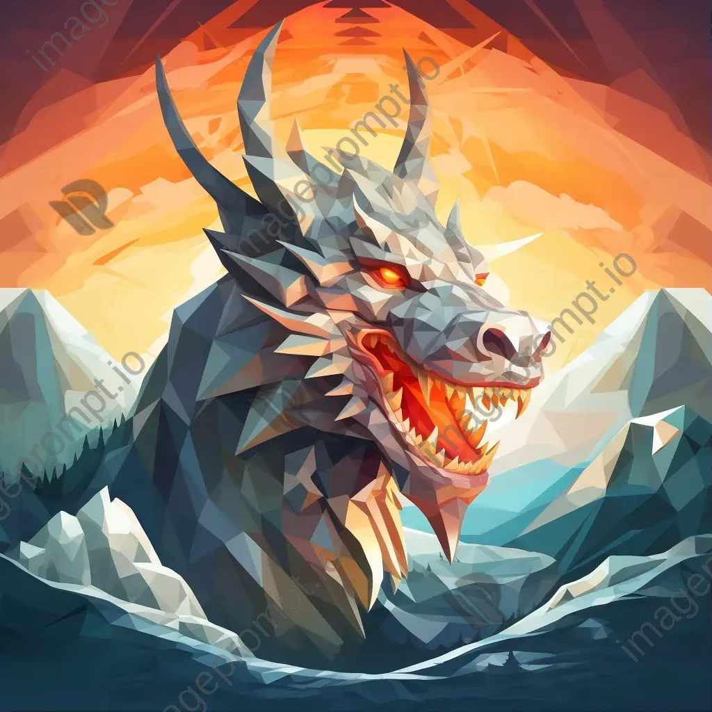 Low poly Viking-style dragon breathing fire over snowy landscape - Image 1