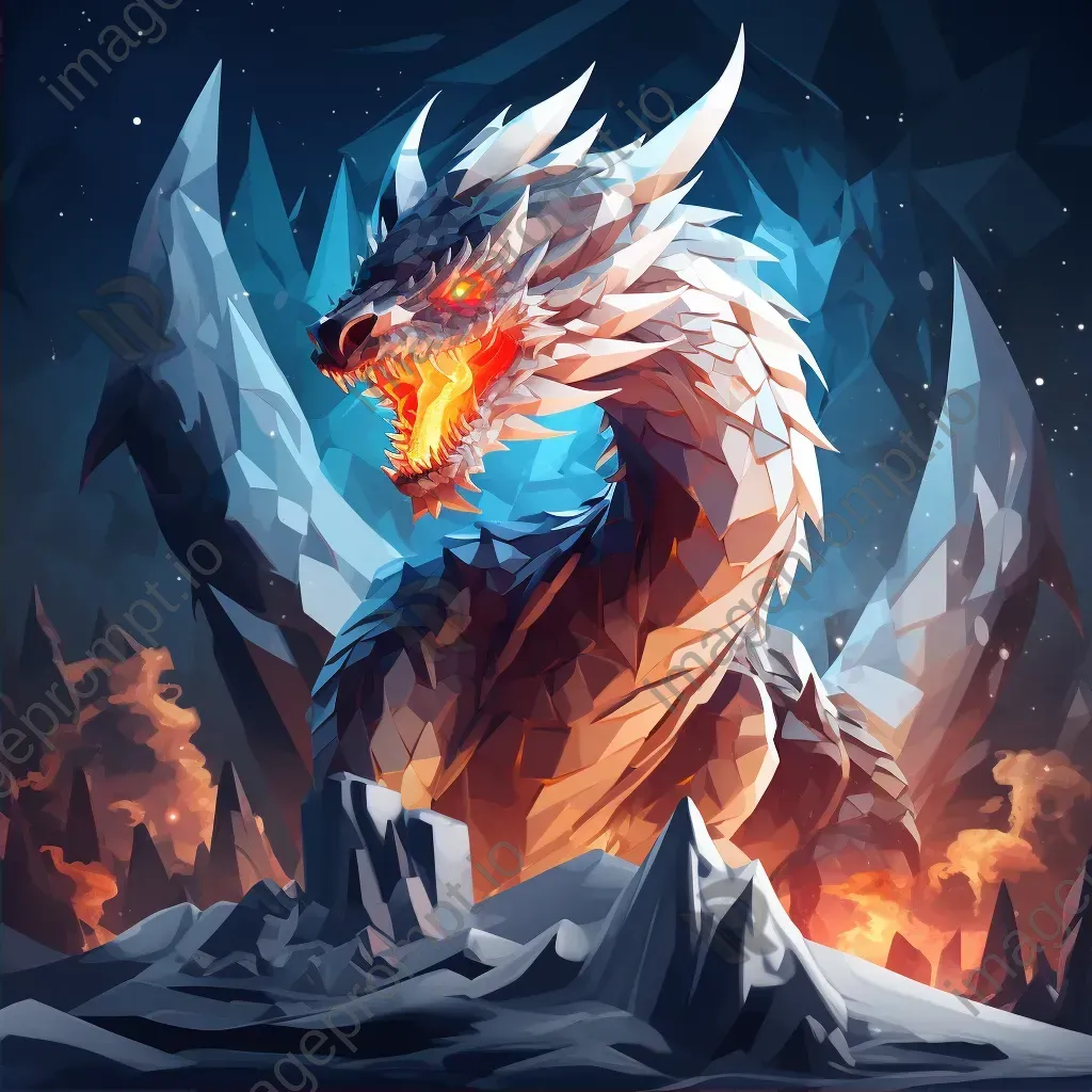 Low poly Viking-style dragon breathing fire over snowy landscape - Image 2