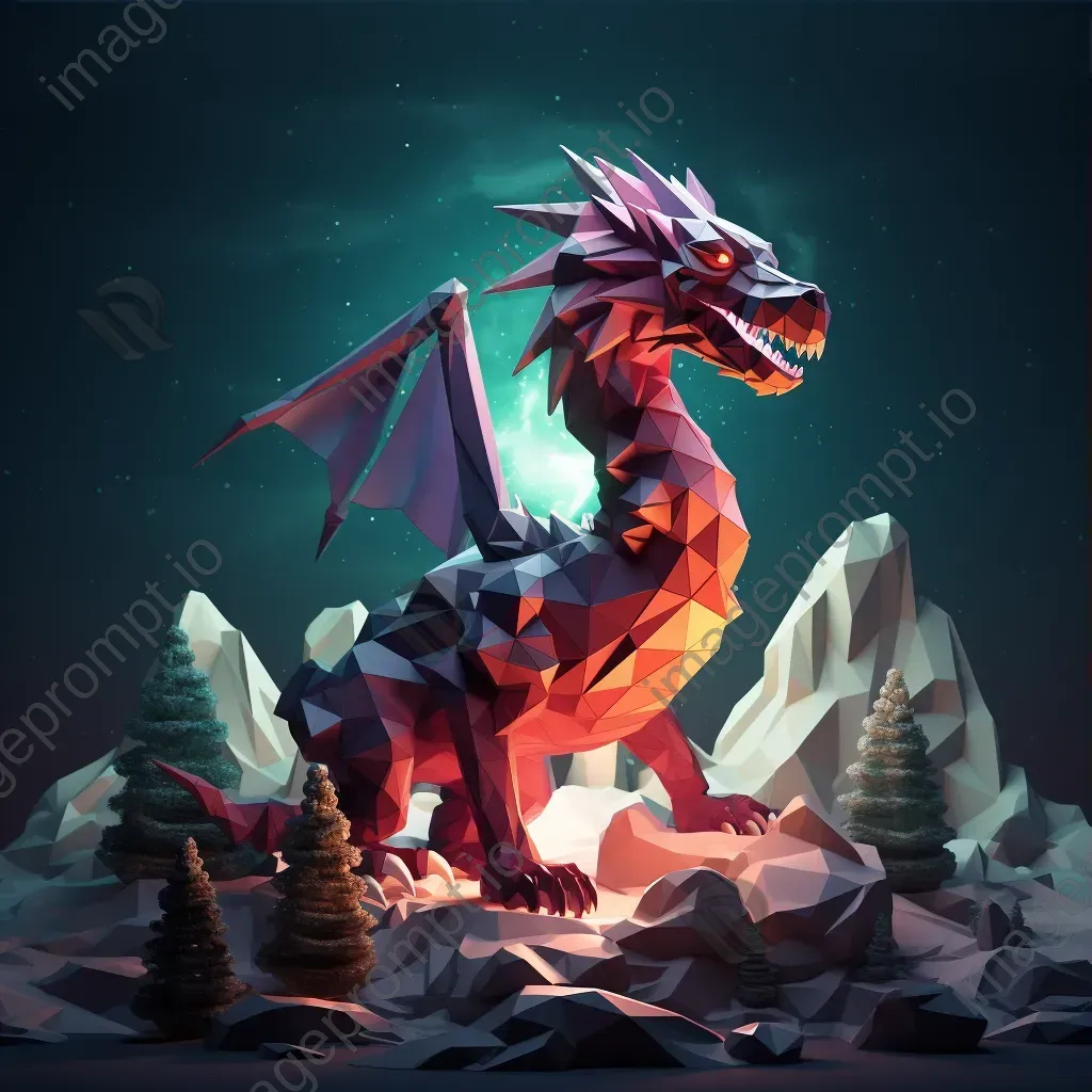 Low poly Viking-style dragon breathing fire over snowy landscape - Image 3