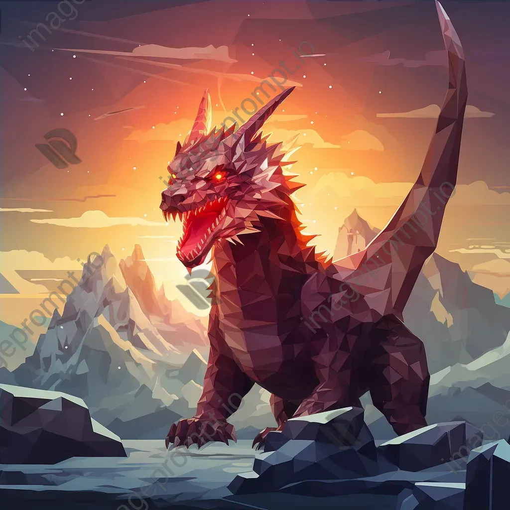 Low poly Viking-style dragon breathing fire over snowy landscape - Image 4