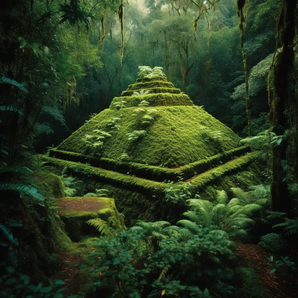 Image of an Aztec pyramid covered in green moss surrounded by dense jungle vegetation - Image 1