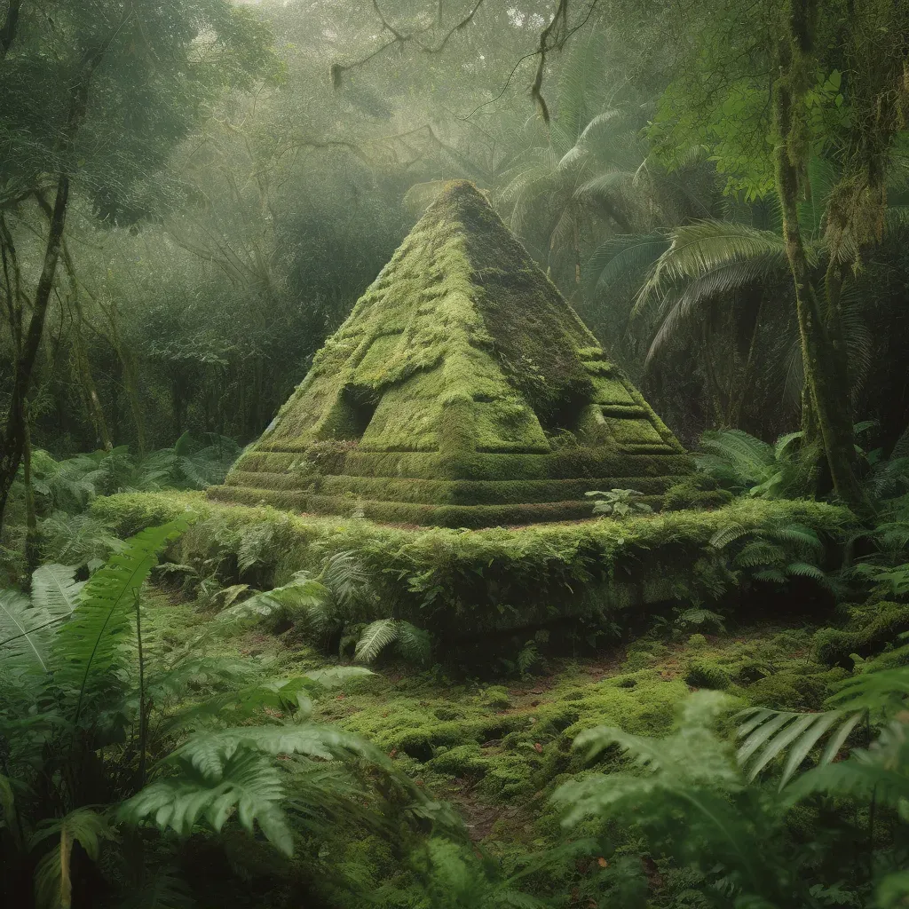 Aztec Pyramid Covered in Green Moss