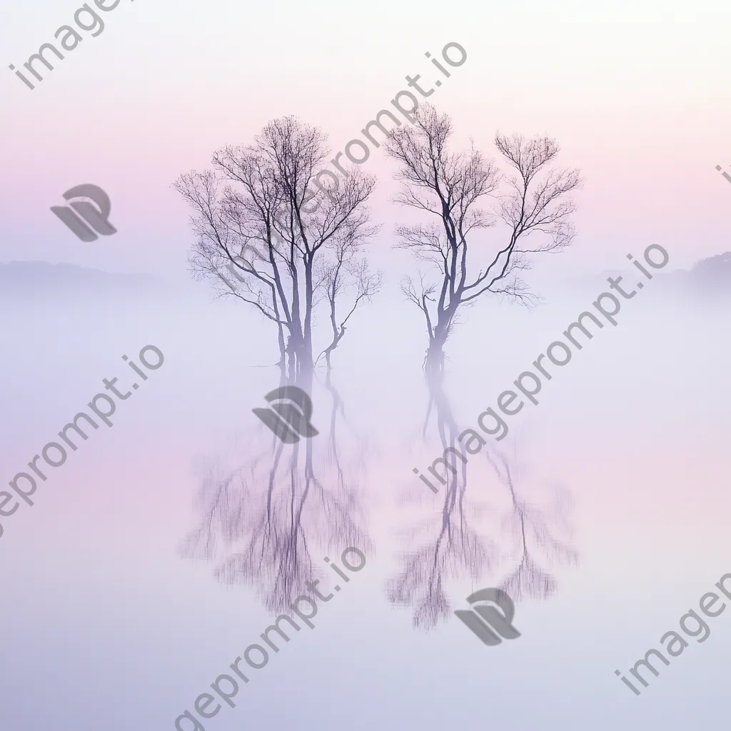 Misty lake with silhouetted trees at dawn - Image 1