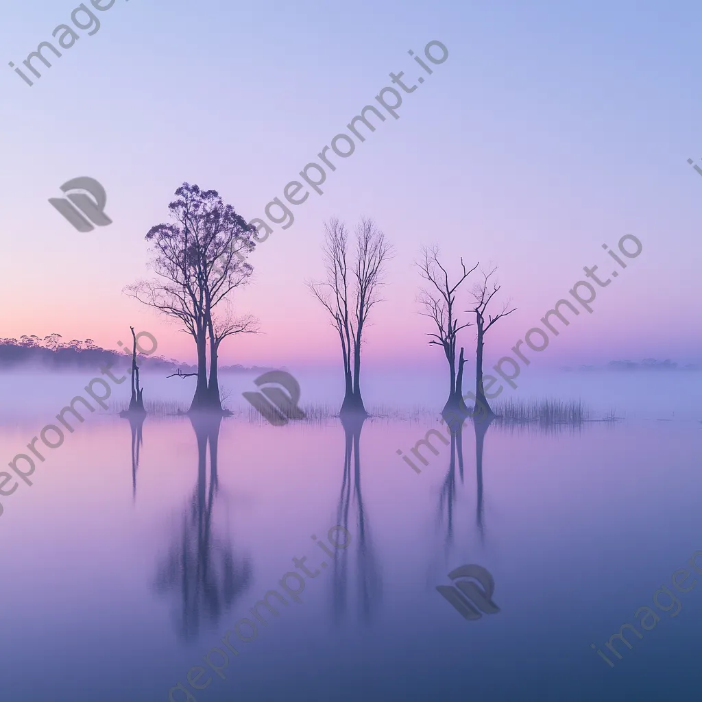 Misty lake with silhouetted trees at dawn - Image 3