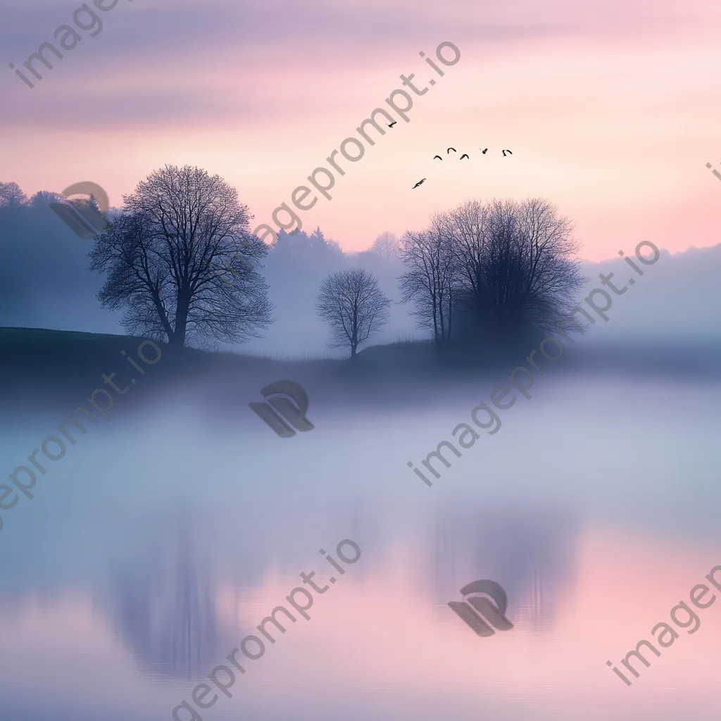 Misty lake with silhouetted trees at dawn - Image 4