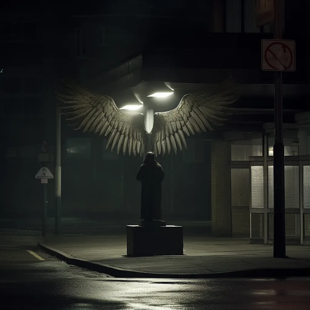 Angel at a grimy bus station under a dim street lamp at night - Image 1