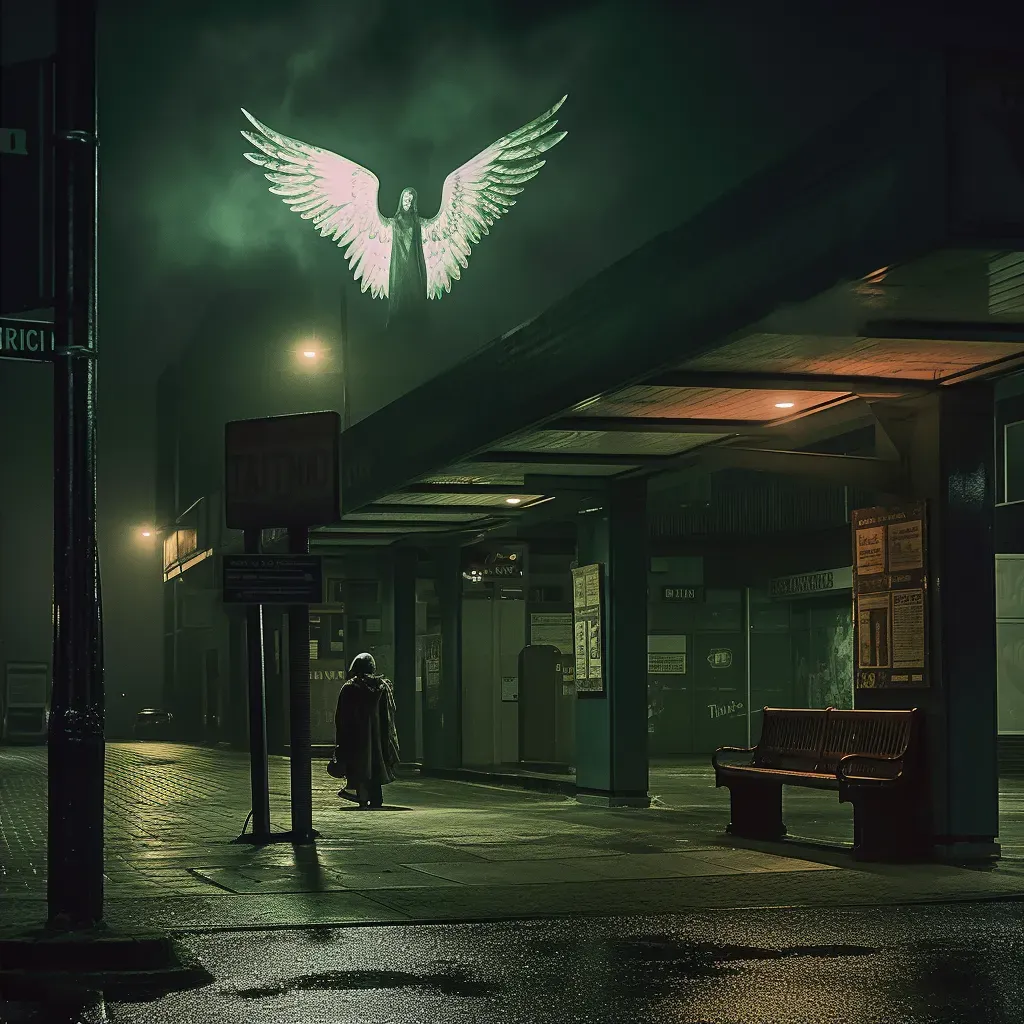 Angel at a grimy bus station under a dim street lamp at night - Image 2