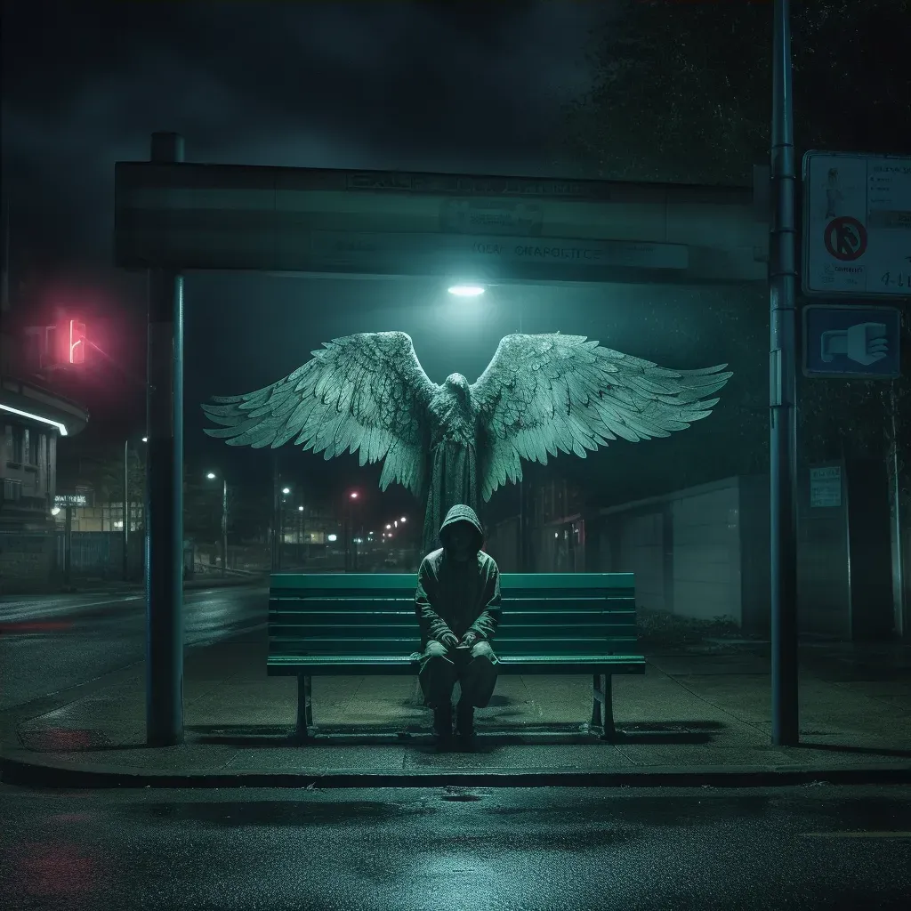 Angel at a grimy bus station under a dim street lamp at night - Image 4