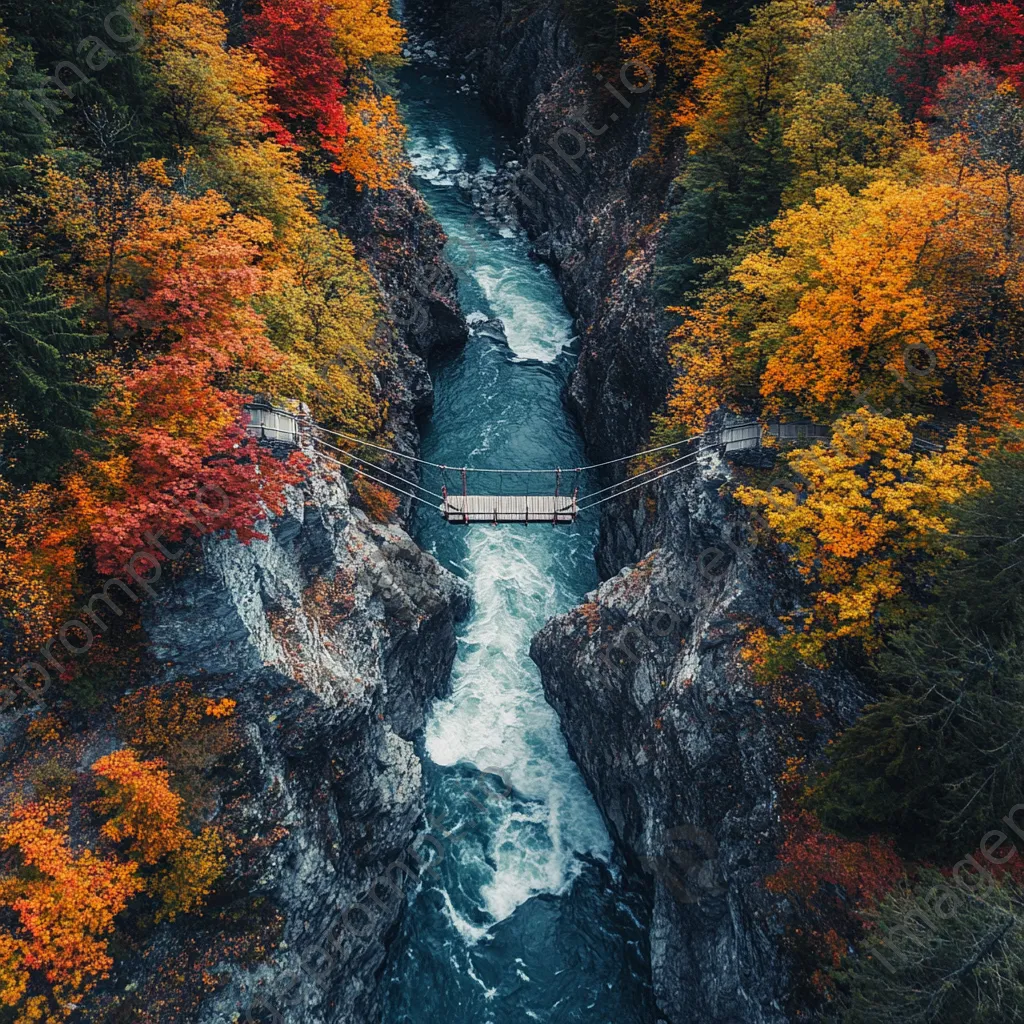 Aerial view of a rope bridge over a river with autumn trees - Image 1