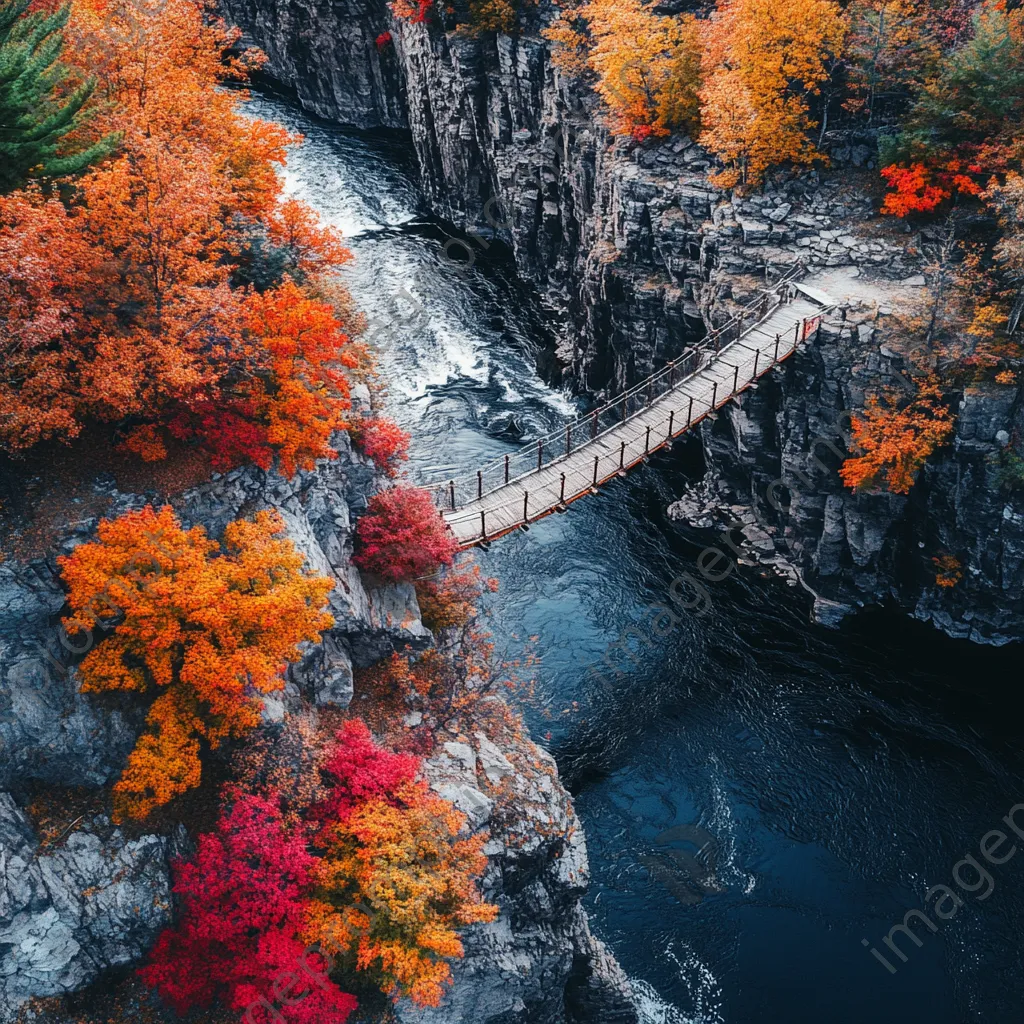 Aerial view of a rope bridge over a river with autumn trees - Image 2