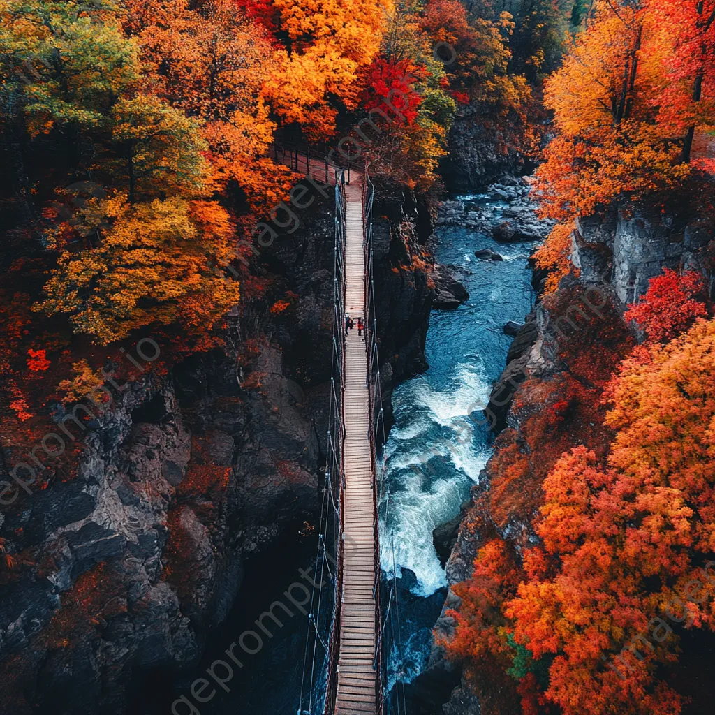 Aerial view of a rope bridge over a river with autumn trees - Image 3