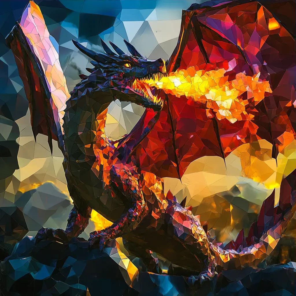 Low poly vibrant dragon breathing fire under a twilight sky - Image 3