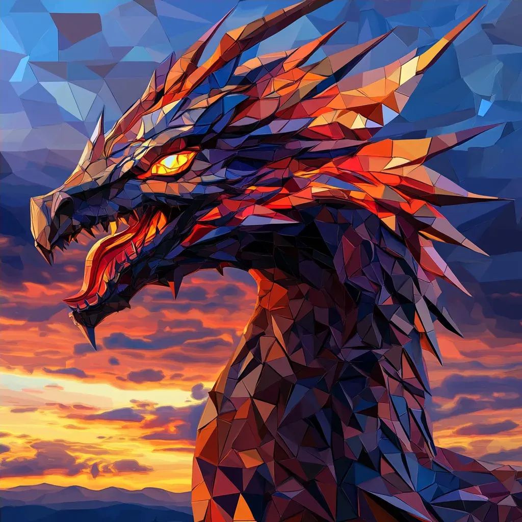 Low poly vibrant dragon breathing fire under a twilight sky - Image 4