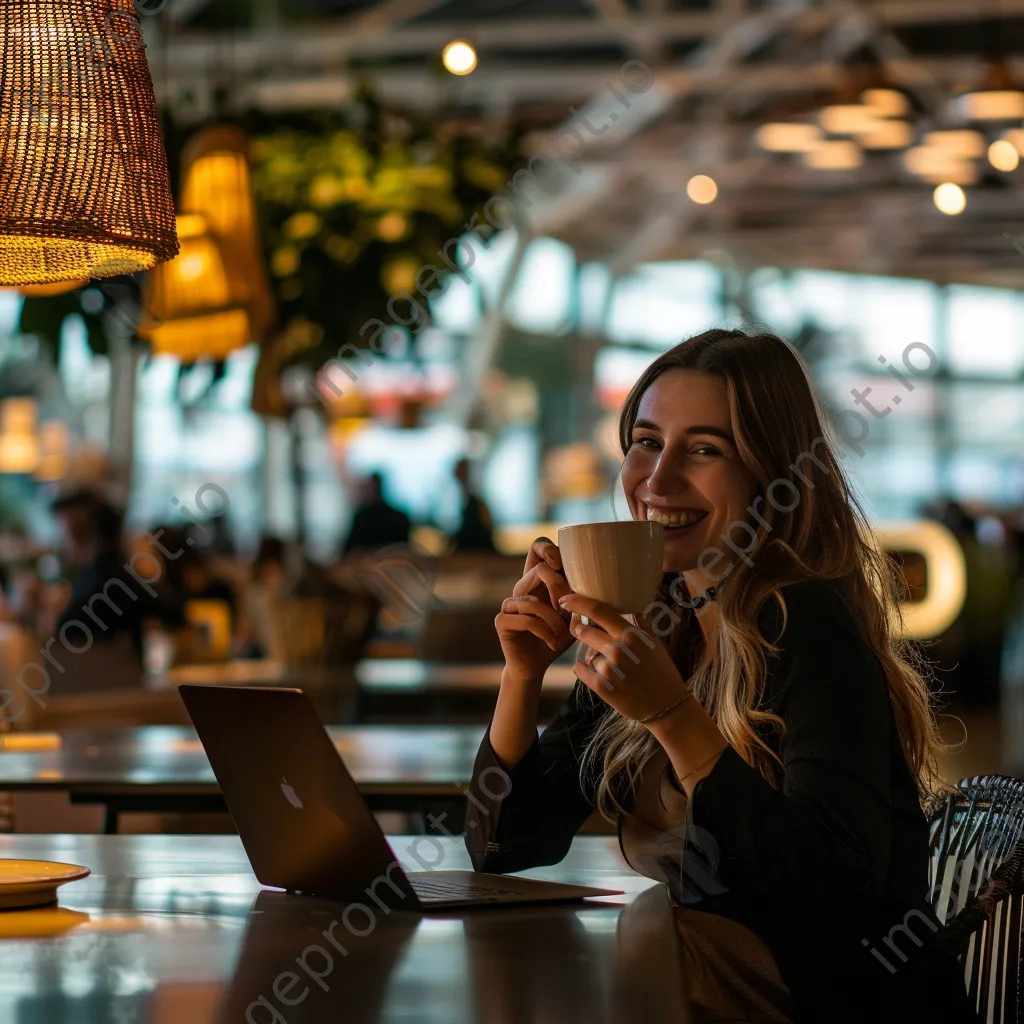 A smiling businesswoman with a coffee and laptop at an airport café - Image 1