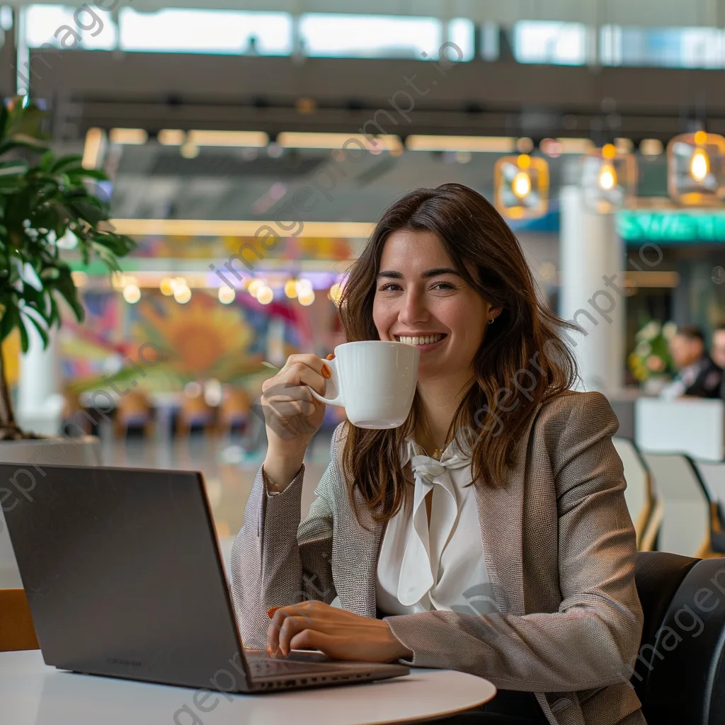 A smiling businesswoman with a coffee and laptop at an airport café - Image 2