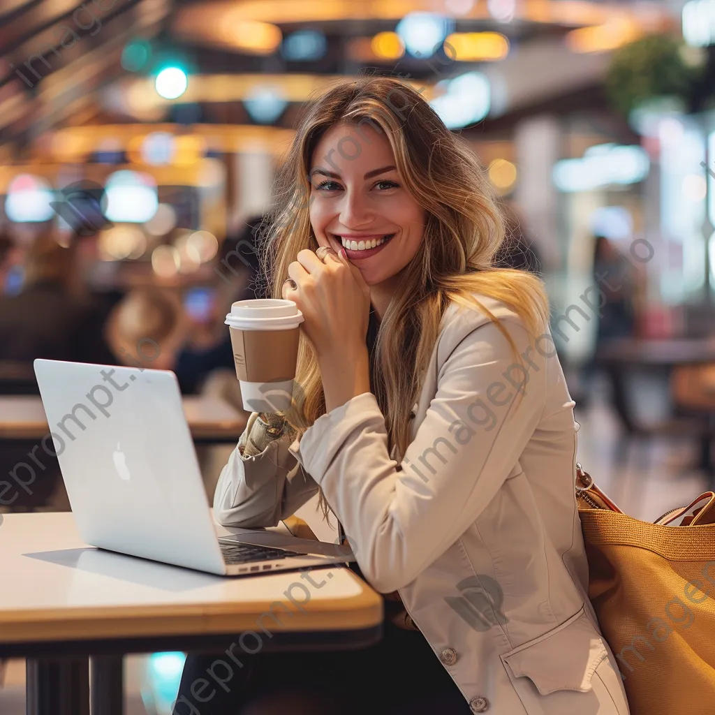 A smiling businesswoman with a coffee and laptop at an airport café - Image 3