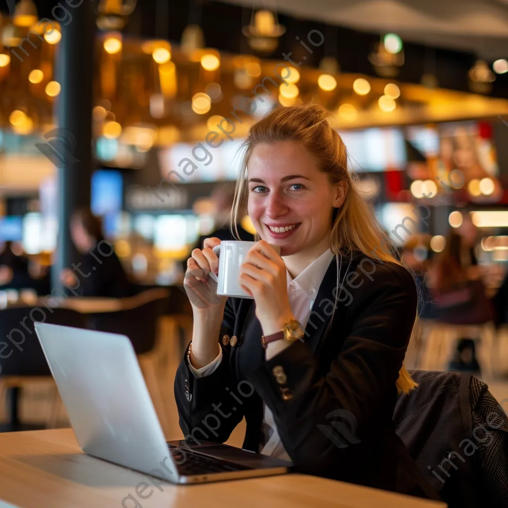 A smiling businesswoman with a coffee and laptop at an airport café - Image 4