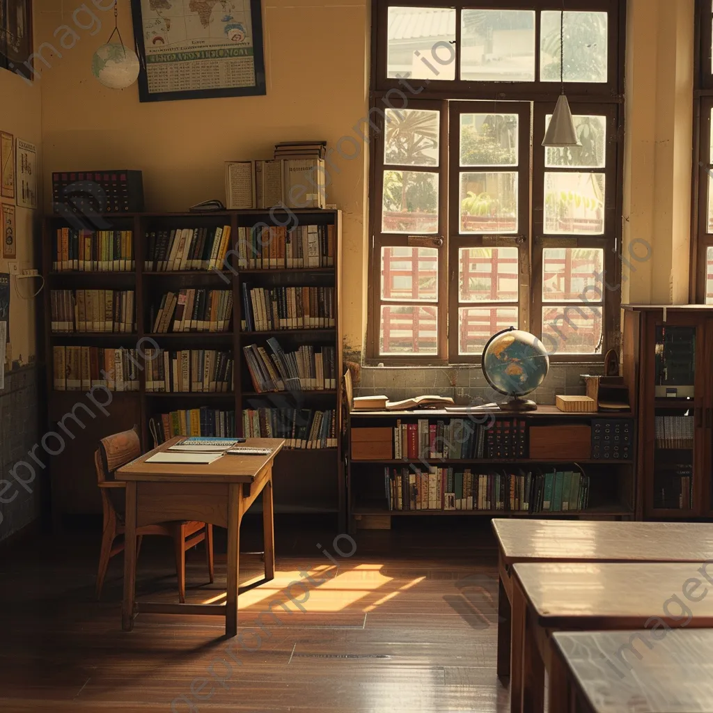 Empty traditional classroom with desk and bookshelves. - Image 1