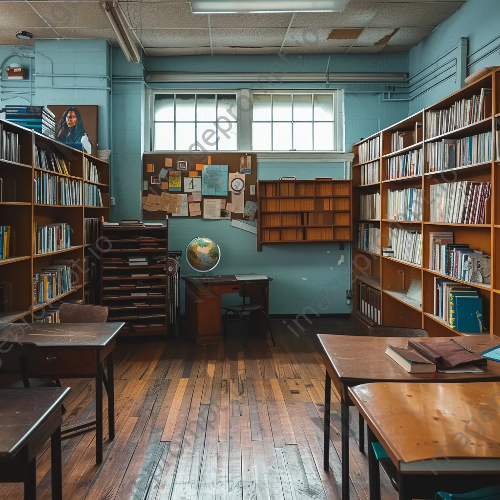 Empty traditional classroom with desk and bookshelves. - Image 2