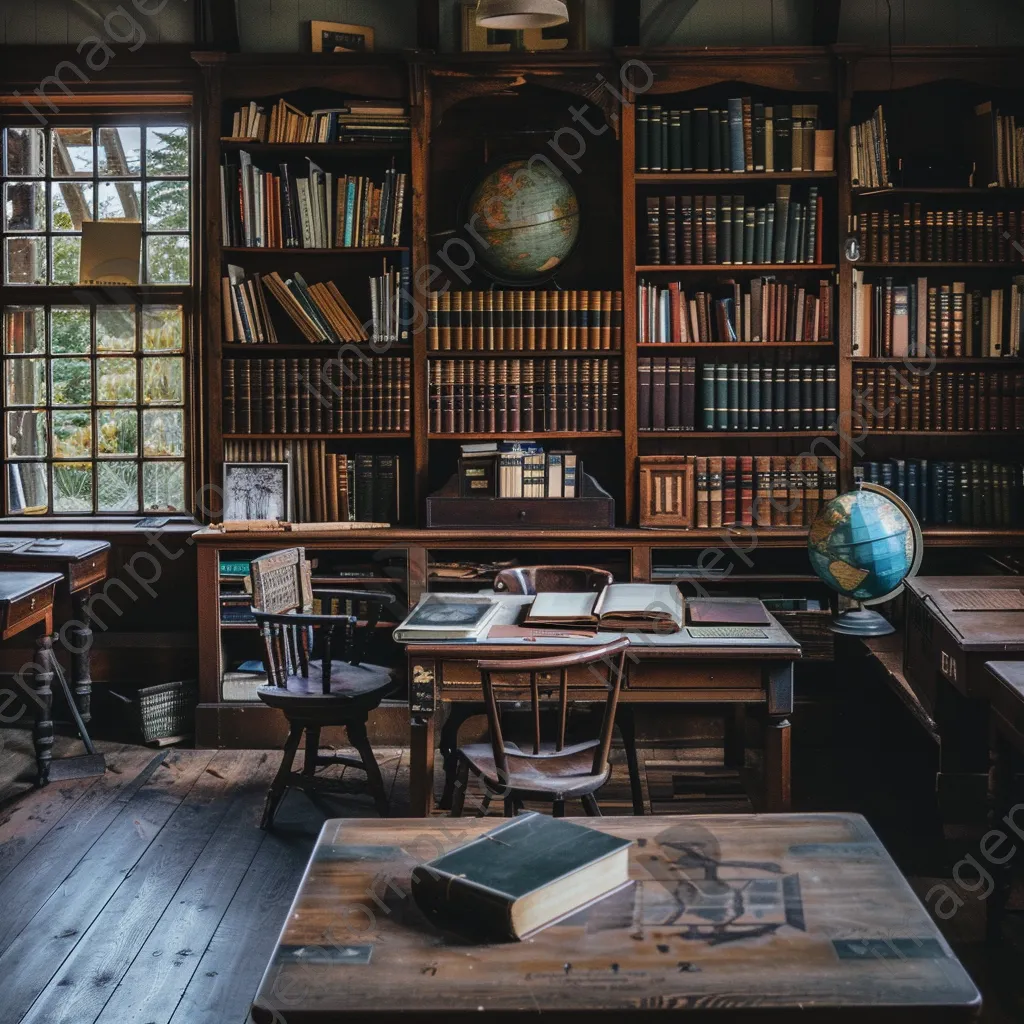 Empty traditional classroom with desk and bookshelves. - Image 3