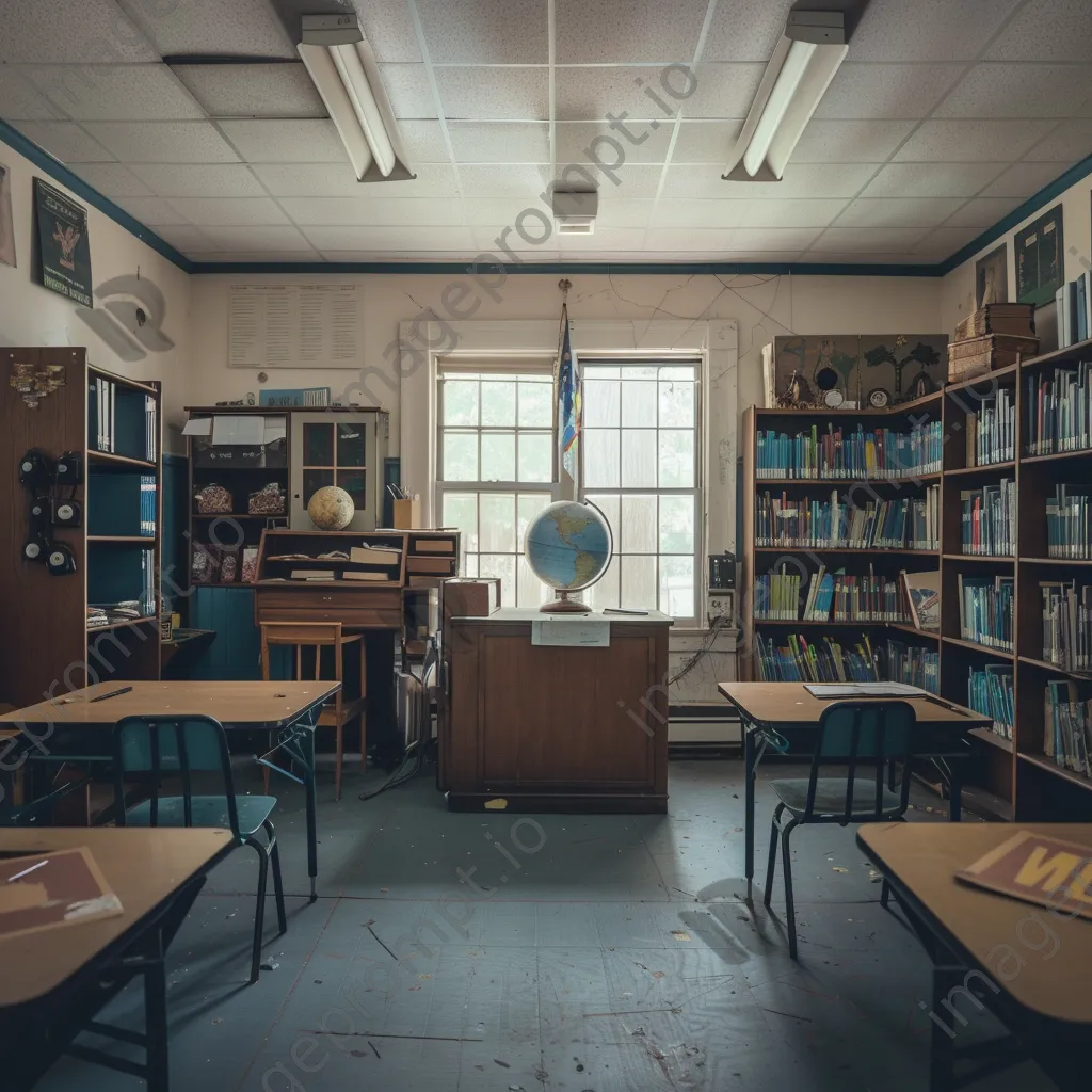 Empty traditional classroom with desk and bookshelves. - Image 4