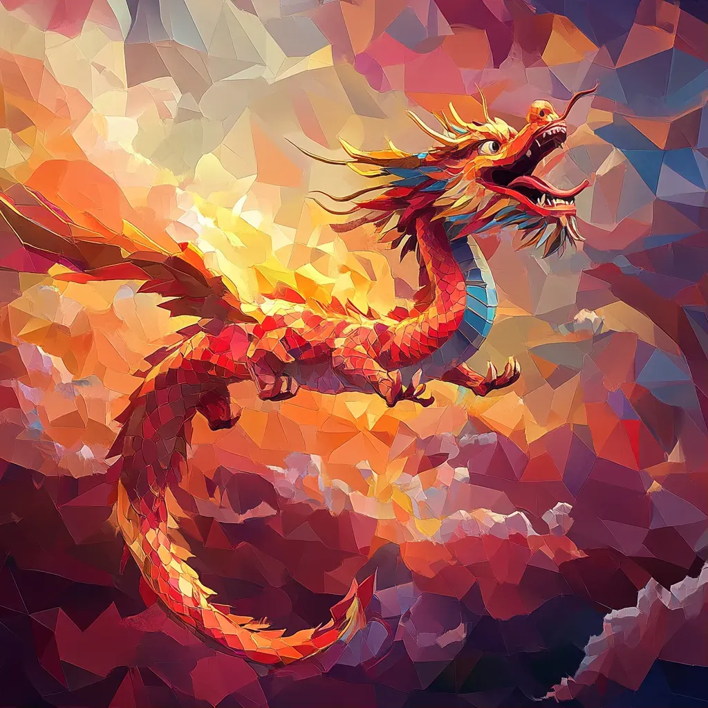 Colorful low poly Chinese dragon flying through a vibrant, crimson sky - Image 1