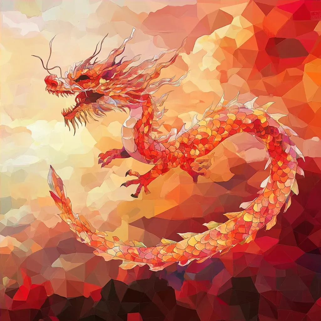 Colorful low poly Chinese dragon flying through a vibrant, crimson sky - Image 4