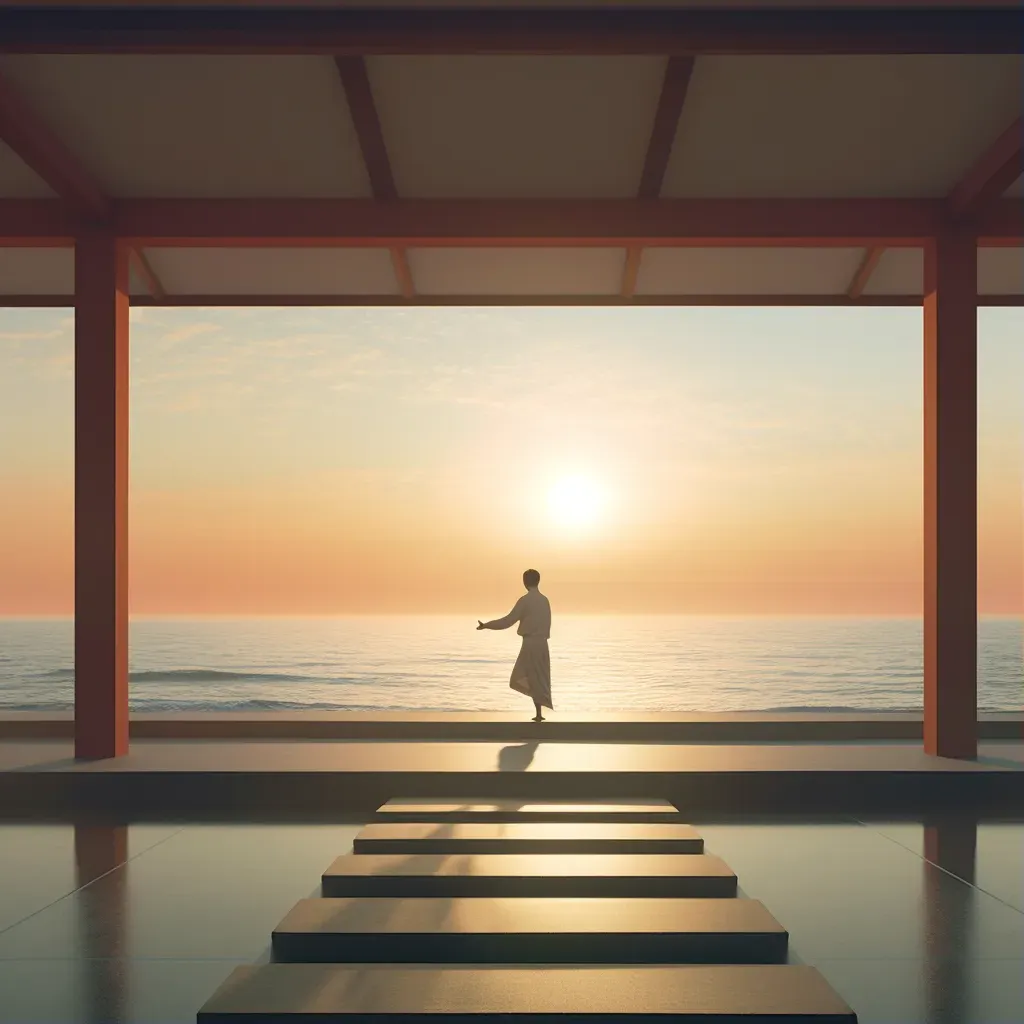 Tranquil seaside at sunrise with Tai Chi practitioner - Image 1