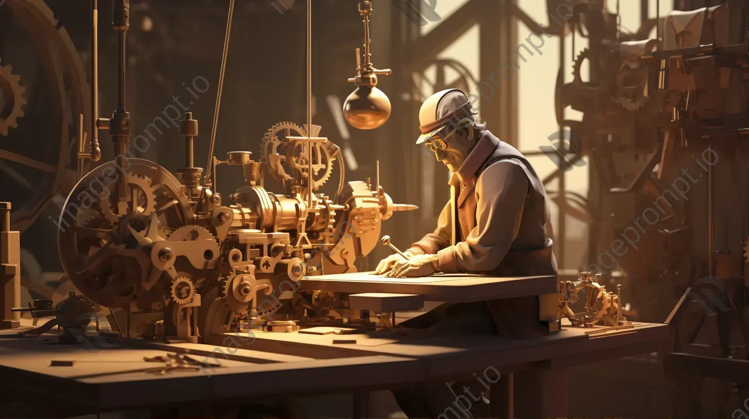 Sepia-toned low poly steampunk inventor at a workbench - Image 1